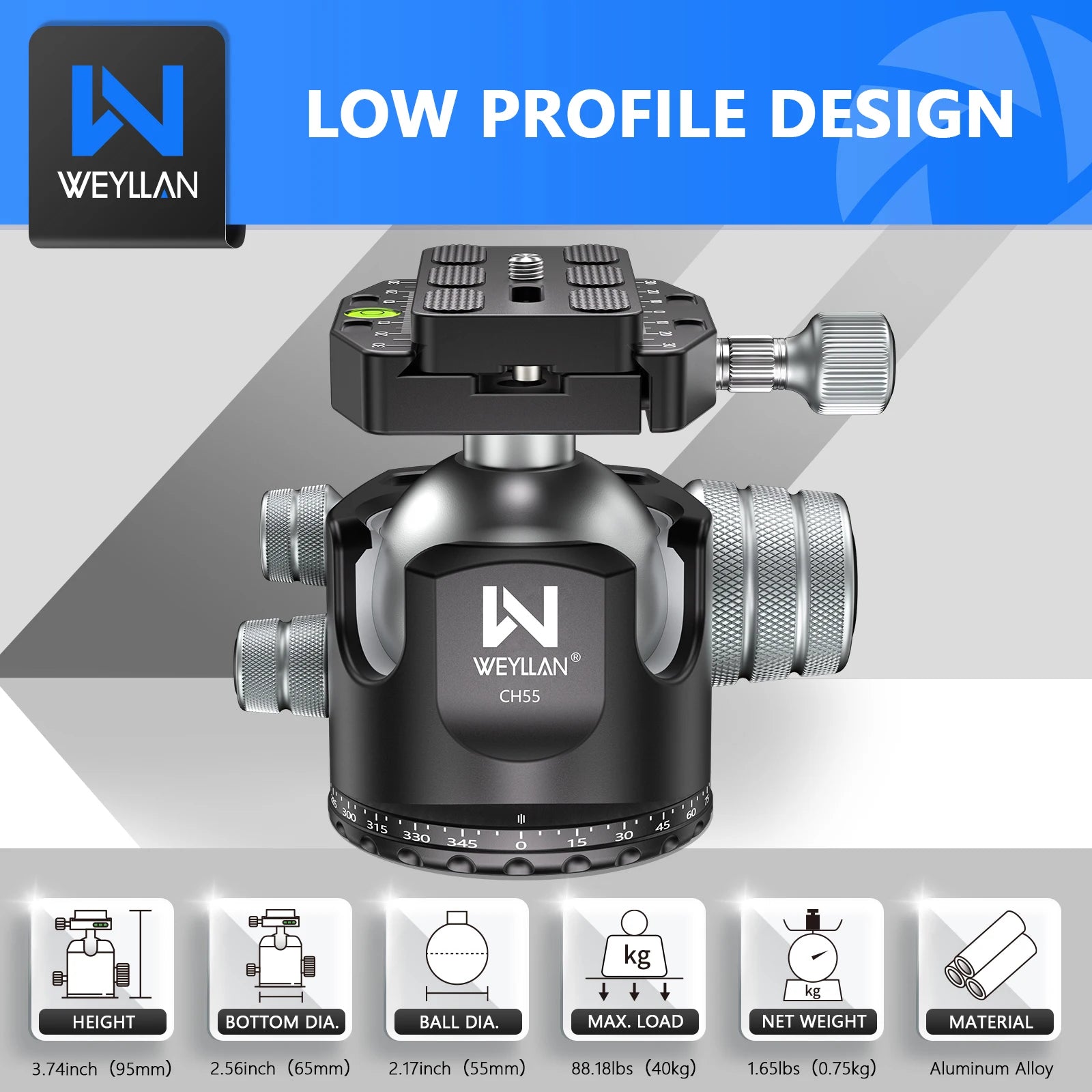 WEYLLAN CH55 Professional Tripod Ball Head 360° Low Gravity Center Panoramic CNC 55mm Ball for Tripod Monopod DSLR Camcorder New