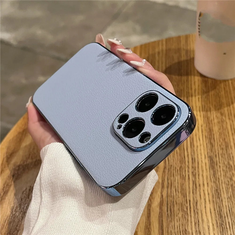 LuxeGuard Retro Lambskin Leather iPhone Case - Shockproof Bumper with Lens Protection for All Models 11-17