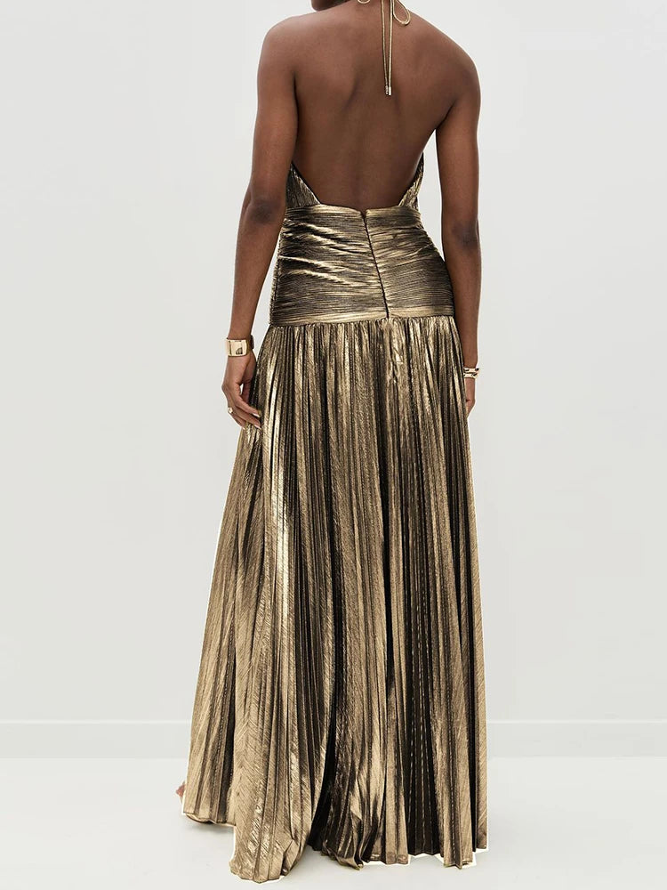 Chic Women's Backless Maxi Dress - Sleeveless Halter Patchwork Elegance for Summer Parties