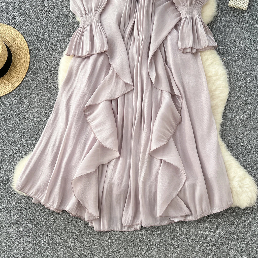 Spring Autumn Women Party Long Dress Elegant Female Red/Purple/Beige/Black Diamonds Patchwork Ruffle A-Line Maxi Vestidos New