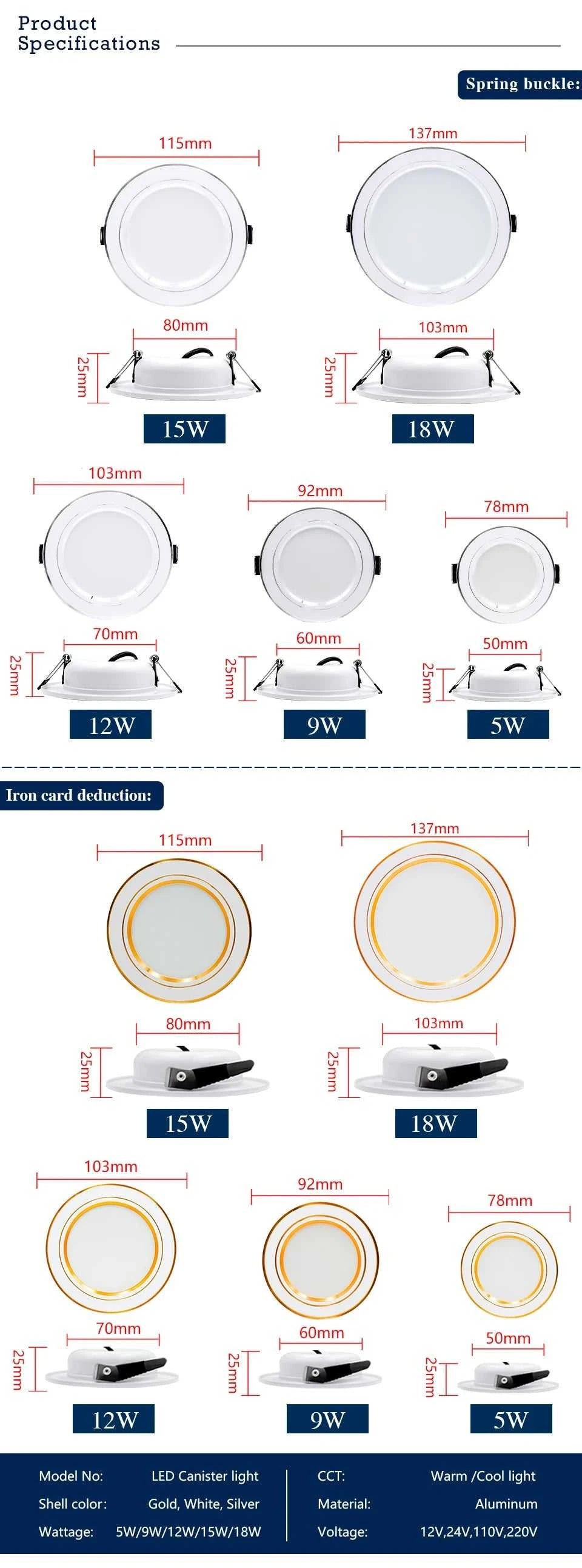 10pcs/lot Led Downlight 5W 9W 12W 15W 18W AC110V 220V Recessed Ceiling Light DC12V 24V Round Panel Down Light Spotlight Lighting The jack market .AU The jack market .AU Home $ 82 136:173#White Spring Buckle;200000531:771#Cold White;249:200002590#AC220V 9W