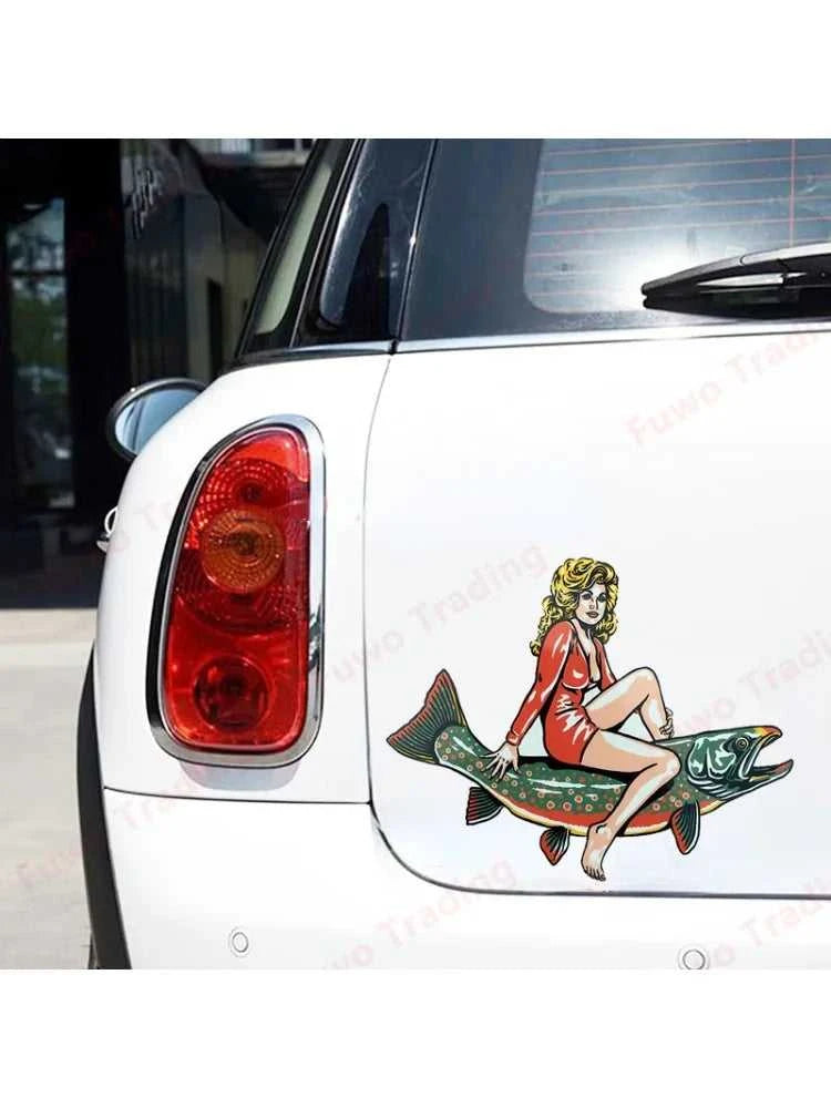 Fashionable Woman Riding A Fish Fishing Funny Car Stickers Cartoon Personality Decals Waterproof Car Goods The jack market .AU The jack market .AU Fishing Gear $ 36 200000182:193#Style A;5:200000990#40CM