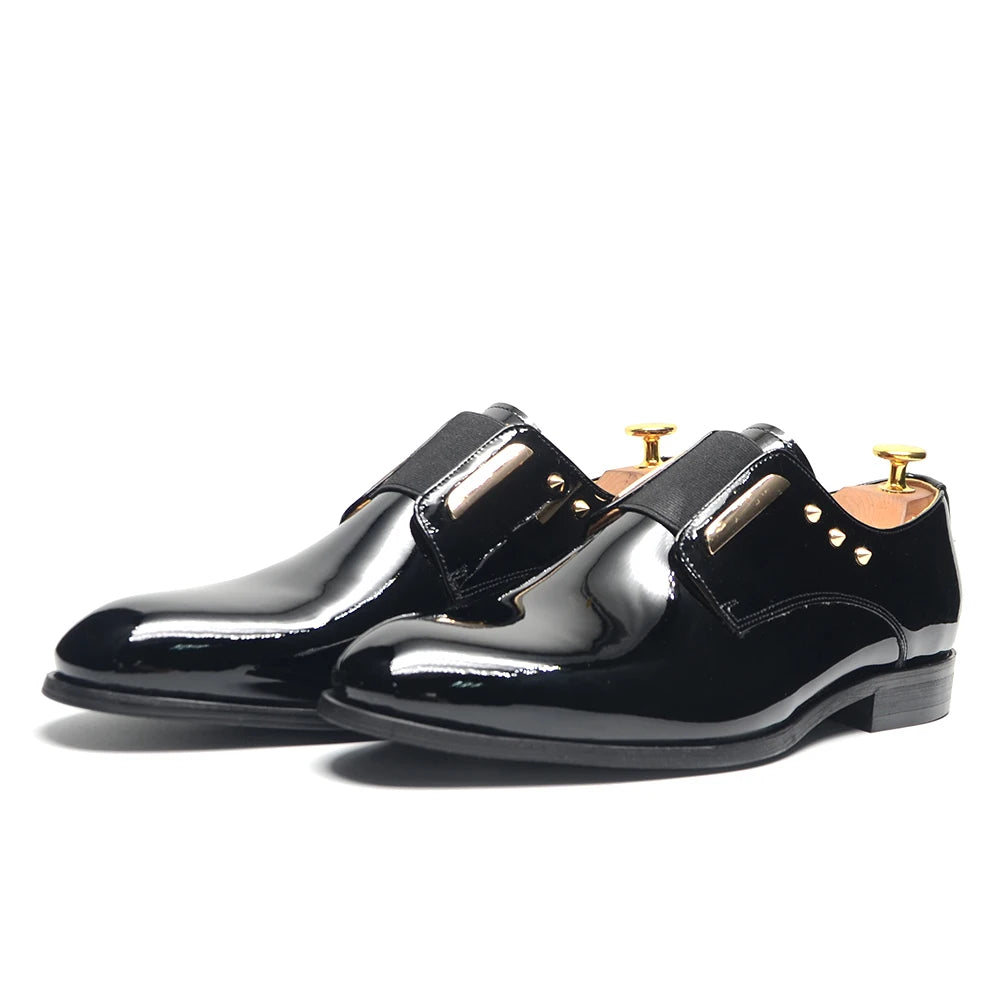 Luxury Men's Party Evening Dress Shoes 2024 Natural Cowhide Patent Leather Gold Rivets Suits Loafers Elastic Band Slip-on Derby