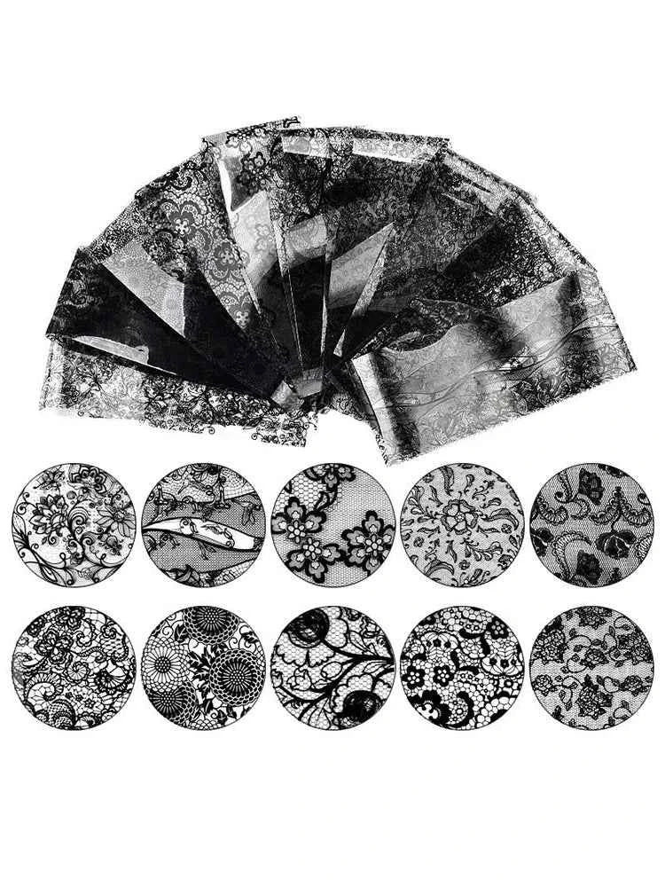 Black Floral Lace Nail Art Transfer Paper Set - 10 Sheets of Stunning Patterns for Creative Designs