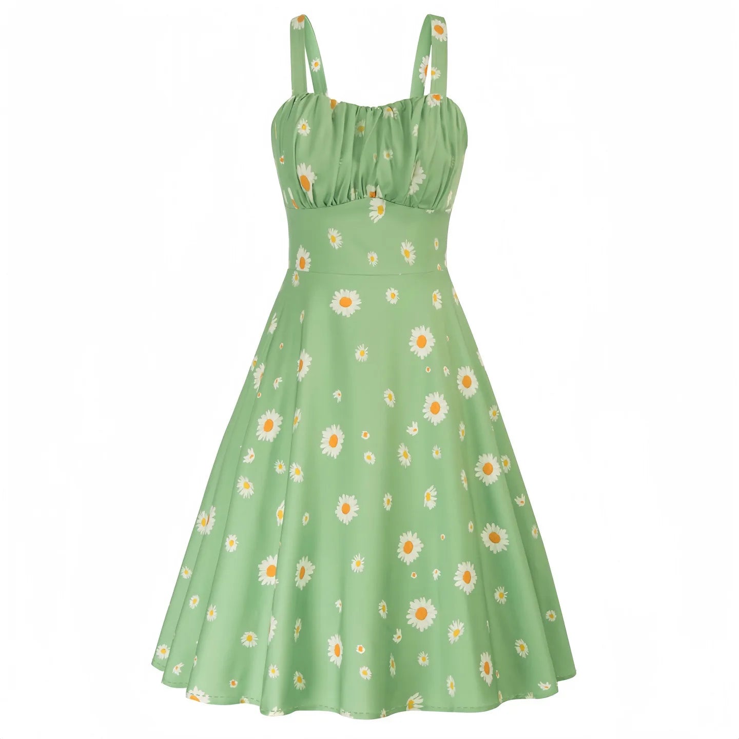 Vintage Charm Summer Midi Dress - Cute Print, Ruched Bust, High Waist for Effortless Beach Style
