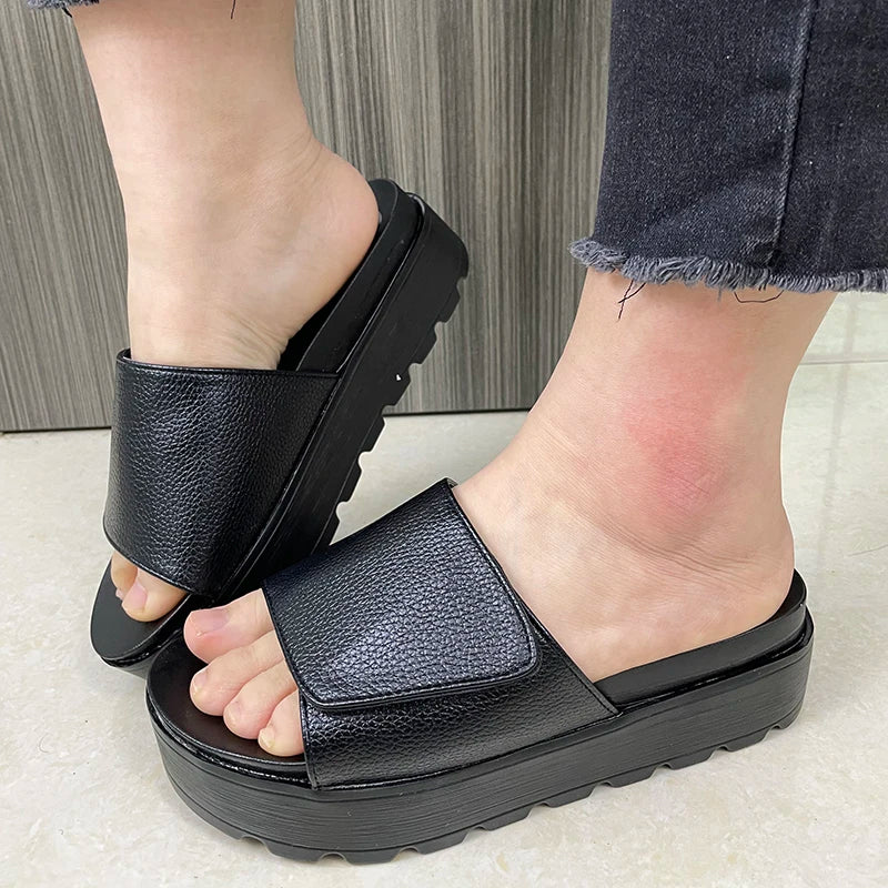 Rimocy Black PU Leather Platform Slippers Women Plus Size 43 Thick Soled Sandals Woman 2025 Summer Non-slip Slides Shoes Female