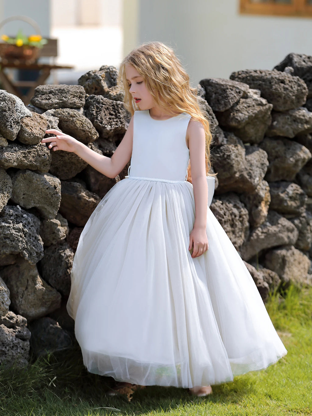 Satin Flower Girls Dress for Tulle Wedding Party Backless Casual Formal Pageant Children Clothing High Quality Ball Gowns