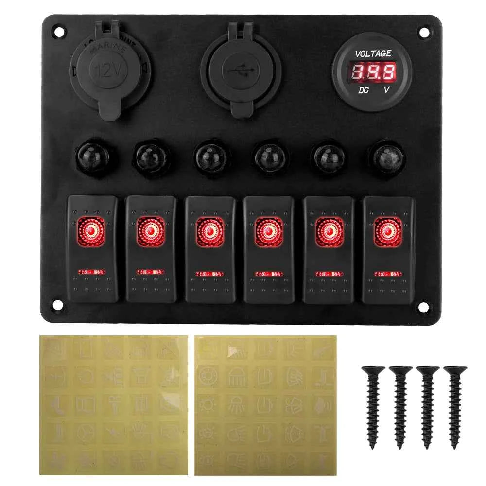 12V 24V 6 Buttons Car Switch Panel 15A Fuse Marine Circuit Breaker Voltmeter Tester Light Toggle USB Chargers 3.0 Auto Splitter