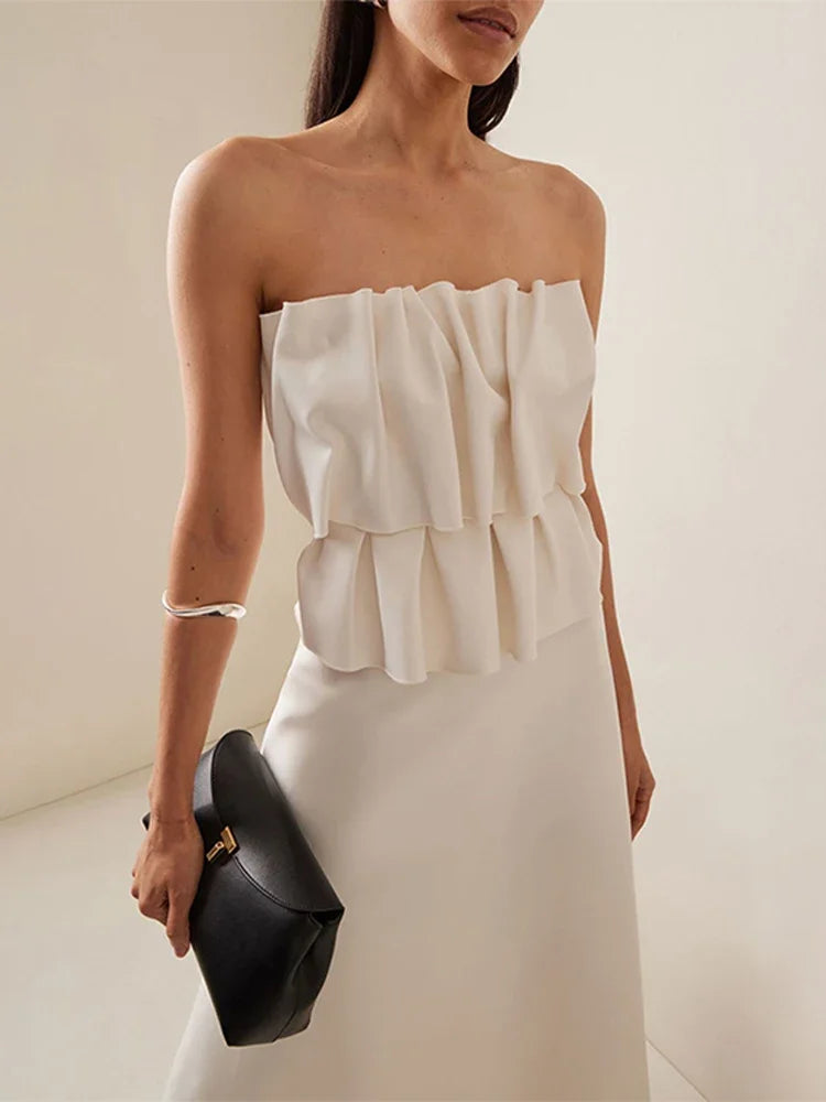 Elegant Pleated Sleeveless Long Dress Women White Slim Tube Party Dresses Female 2026 Spring New Fashion Street Maxi Robes