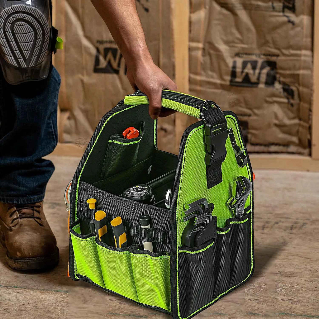 35 pockers & loops Tool Tote with Handle for Easy Tool Access, Water-Resistant Construction, Black/Green