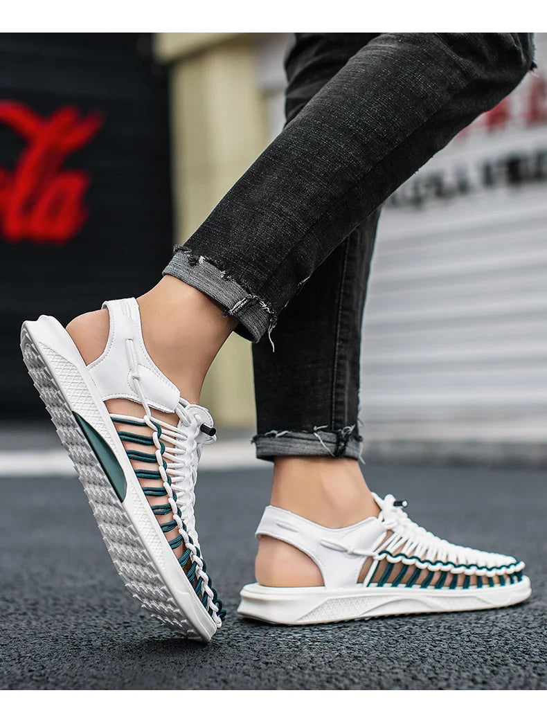 2023 Summer Men's  Sandals Lace Up Hand Woven Sandals Thick Soled Soft Non Slip Casual Shoes High Quality Couple Beach Shoes