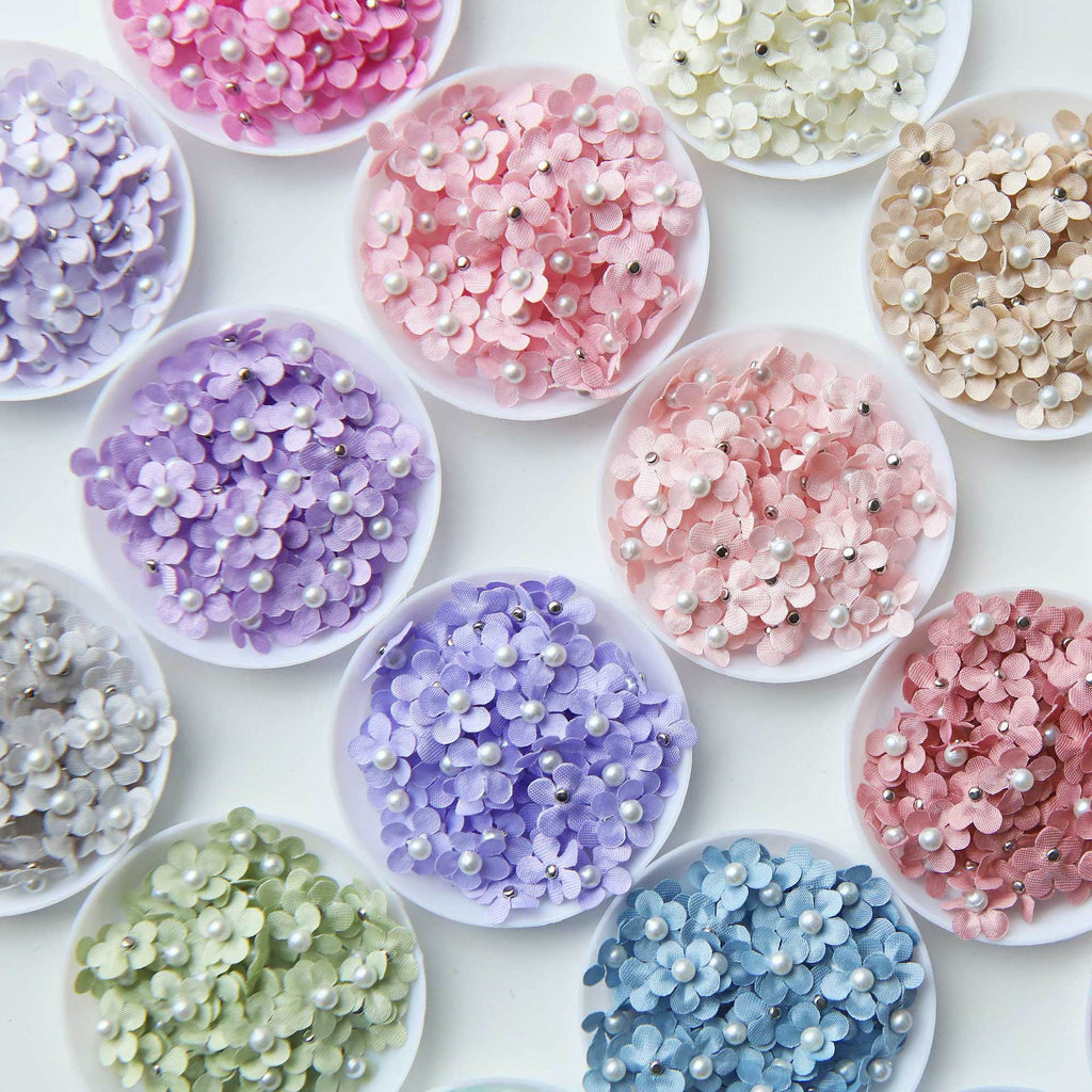 100pcs 12mm Mini Imitation Pearl Satin Flowers for DIY Wedding Dress Baby Doll Clothes Hairpin Handmade Sewing DIY Craft Decor