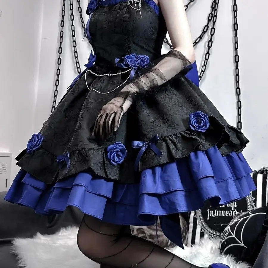 Gothic Lolita Summer Dress - High Waist Bow, Sweet Y2K Style Sling Robe for Women