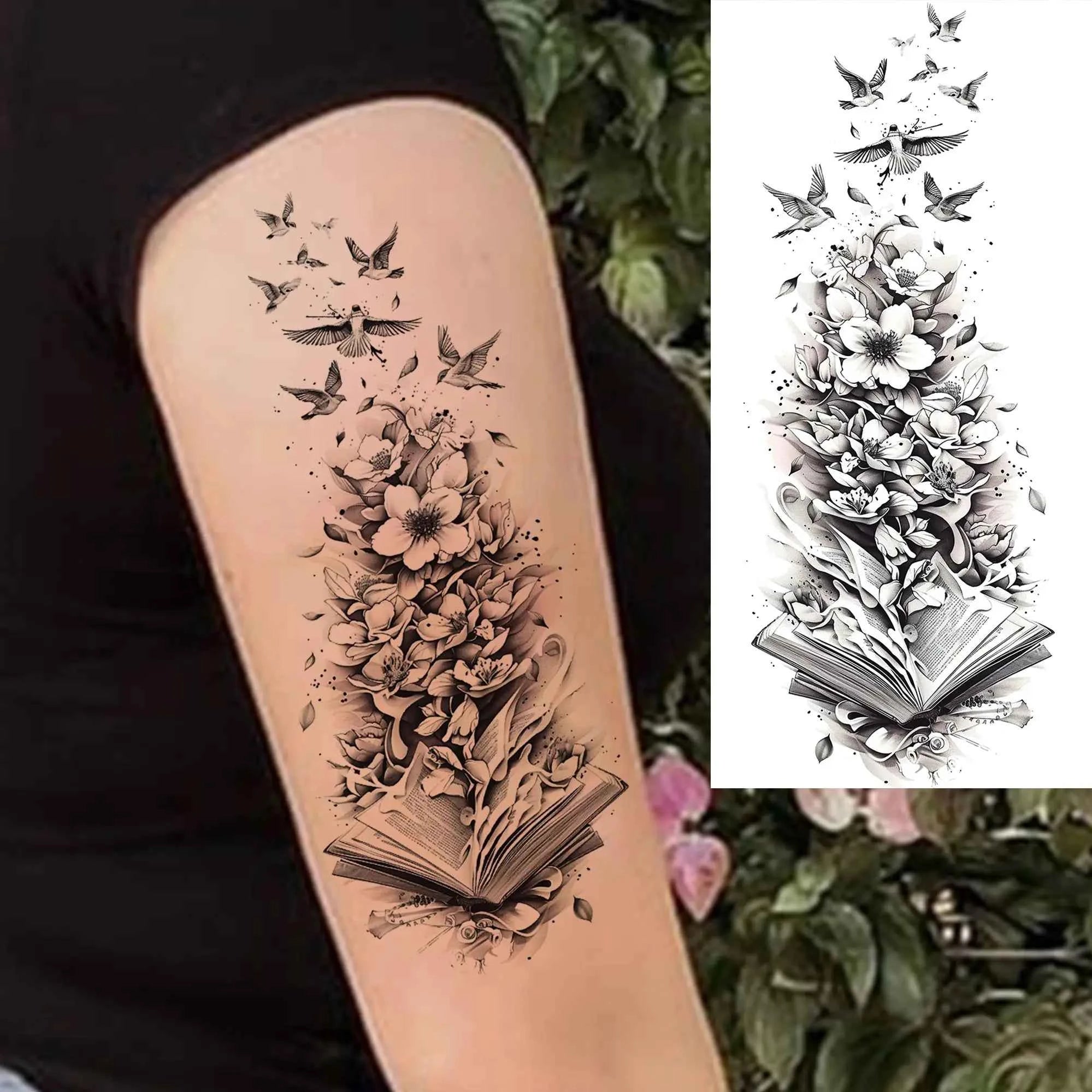 1 Sheet Flying Birds Flowers Book Temporary Tattoos For Women Waterproof Realistic Floral Animals Fake Tattoo Sticker Last Long