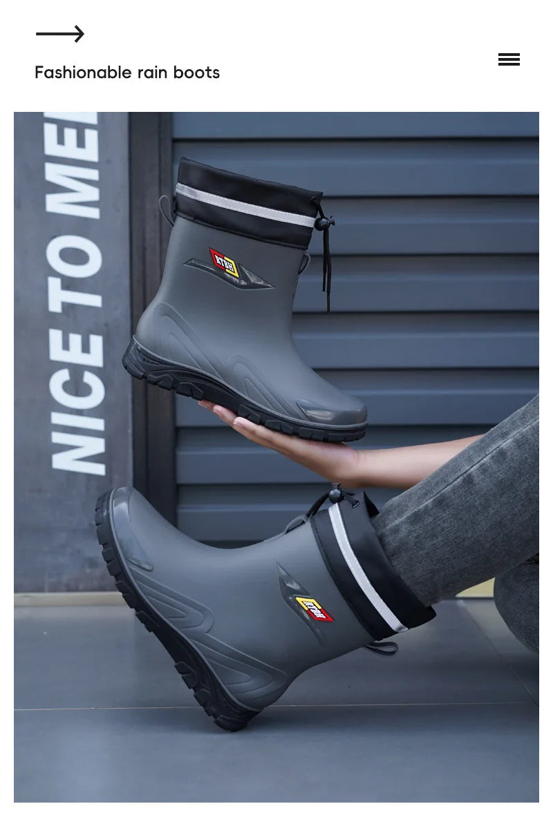 Men's Fleece Lined Tied Mouth Waterproof Outdoor Rain Boots Anti-slip Kitchen Work Rubber Shoes Warm Booties Plastic Material