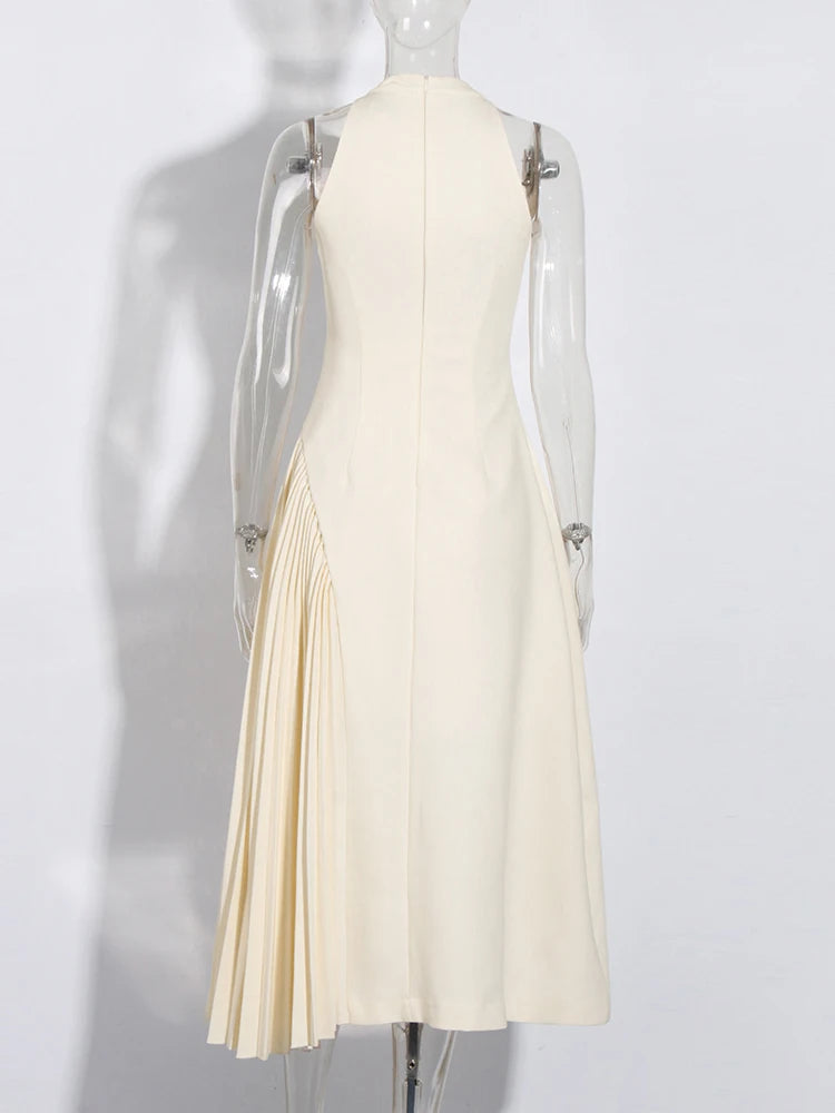 TWOTWINSTYLE Solid Patchwork Folds A Line Dress For Women Lapel Sleeveless High Waist Hollow OutTemperament Dresses Female New