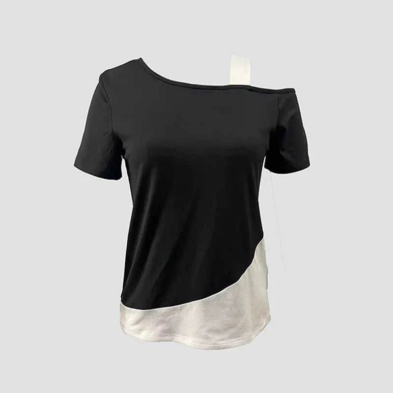 Chic Color Blocking Short Sleeved Women Solid Color Off Shoulder Asymmetric T-Shirt Female Summer Casual Tops The jack market .AU The jack market .AU Woman Fashion $ 57 14:193#pink black;5:361385