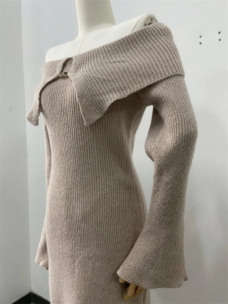 Luxury Fluffy Solid Knitted Off Shoulder Midi Dress Women 2024 Fall Winter Elegant Bodycon Flared Long Sleeve Sweater Long Dress