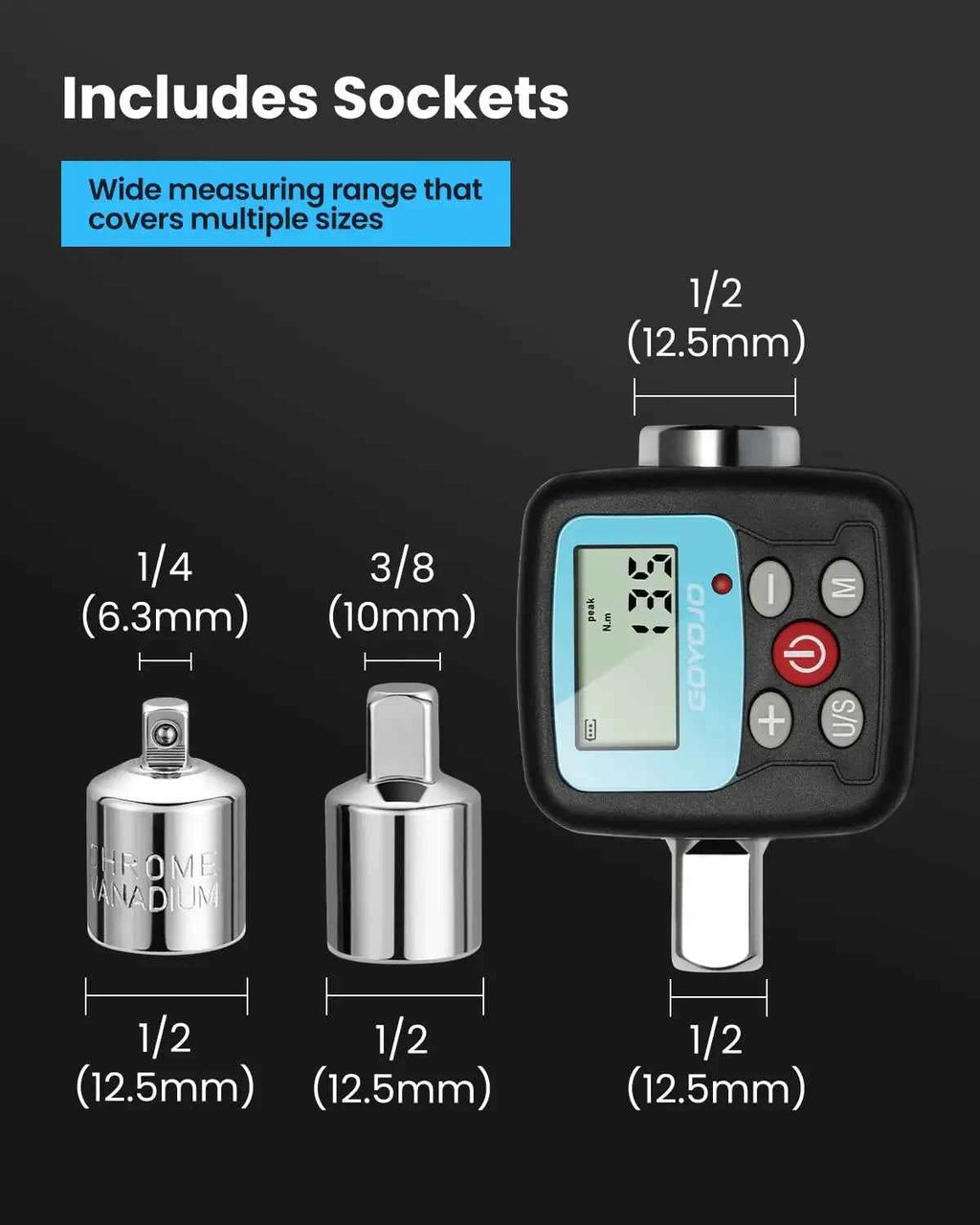 GOYOJO Digital Torque Wrench Adapter - Precision Electronic Converter with LCD Display & Versatile 1/2" & 1/4" Sockets