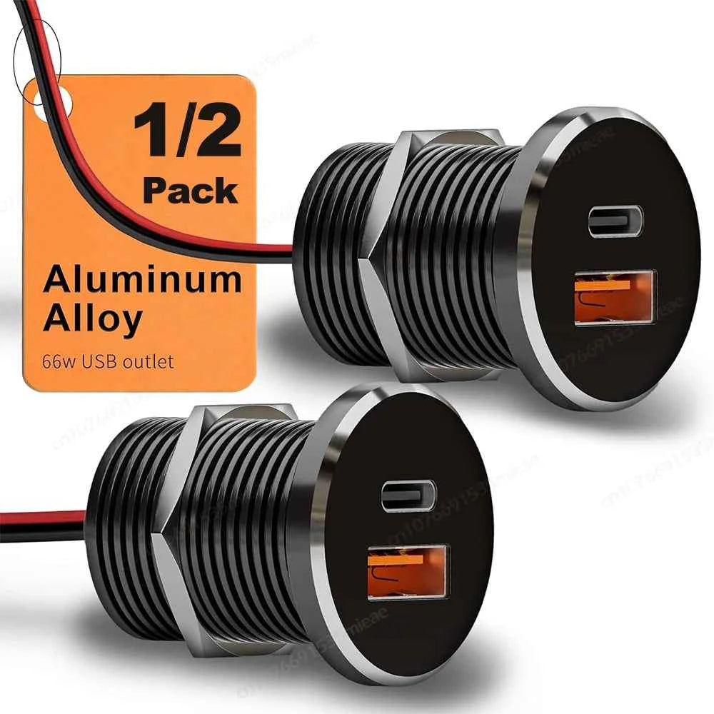 1-2 Pack Mini 66W 12V USB Outlet PD 30W Type-C QC3.0 36W USB-A Dual Port Aluminum Fast Charging Socket for RV Camper Truck Boat