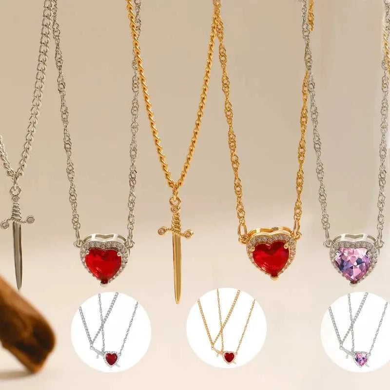 Matching Heart Sword Couple Necklace Set 2 Pcs Assembled Zircon Pendant Silver Gold Plated Chain Romantic Gift for Couples The jack market .AU The jack market .AU Jewellery & Chains $ 47 200001034:7883453201#White Set