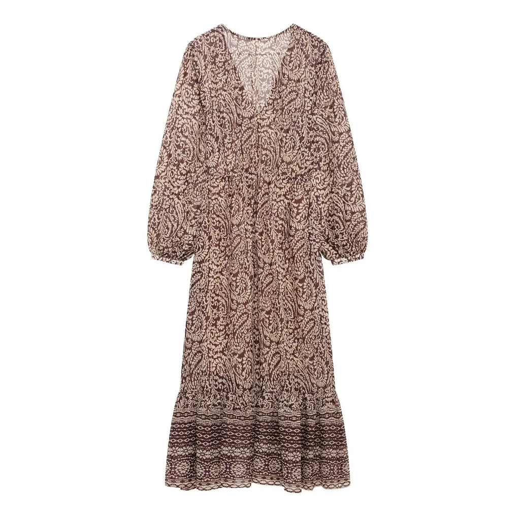 2025 Spring New Product Women's Stacked Decorative Printed V-neck Midi Dress Fashion Retro Pattern Printed Skirt
