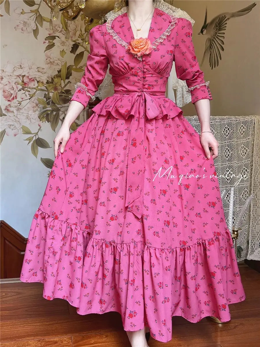 Rose Red Flower Autumn Long Sleeve French Vintage Dress V-neck Waist Cinched Slimming Ruffle Large Swing Long Dress for Women