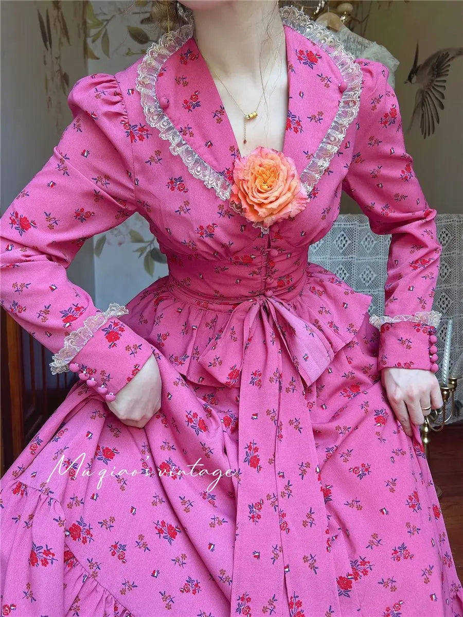 Rose Red Flower Autumn Long Sleeve French Vintage Dress V-neck Waist Cinched Slimming Ruffle Large Swing Long Dress for Women