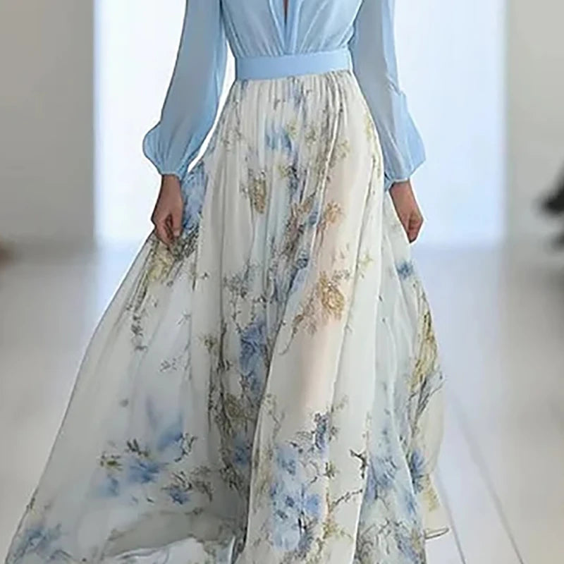 Fashion Floral Print Patchwork Bohemian Dress Woman Sexy Deep V Neck Hollow Long Dresses New Spring Puff Sleeve Loose Maxi Dress
