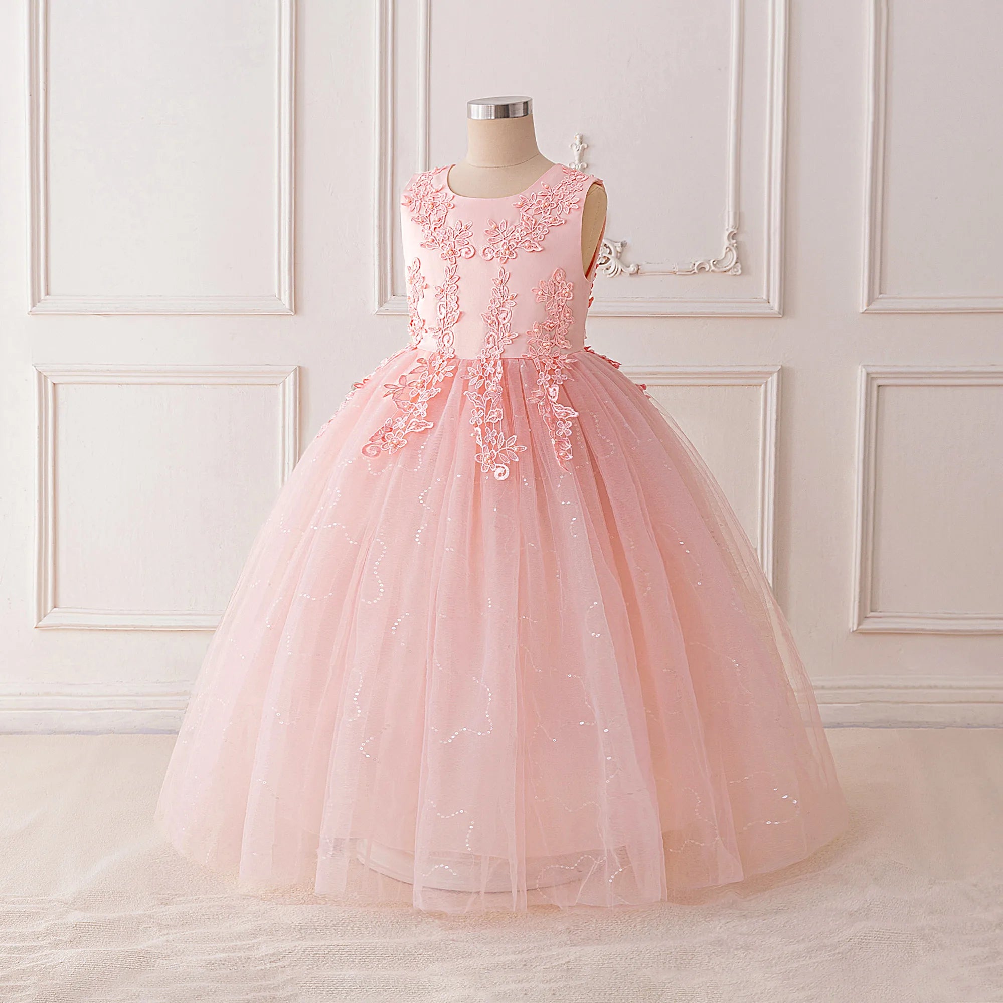 Fashion Flower Bridesmaid Girls Dress Elegant Bow Wedding Evening Princess Birthday Party Dress Graduation Baptism Kids Clothing