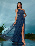 Mgiacy One shoulder asymmetrical chest pleats waist hollowed-out slit A swing mesh long skirt Evening gown Ball dress
