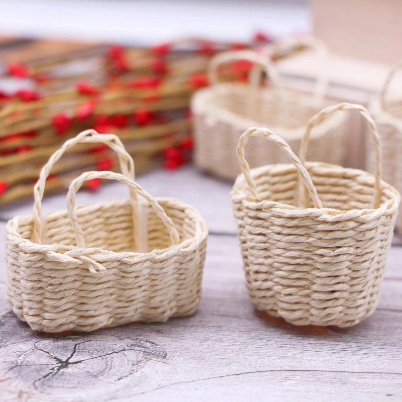 1:12 Straw Basket Simulation Food Basket Model Toys for Doll House Decoration 1/12 Dollhouse Miniature Accessories