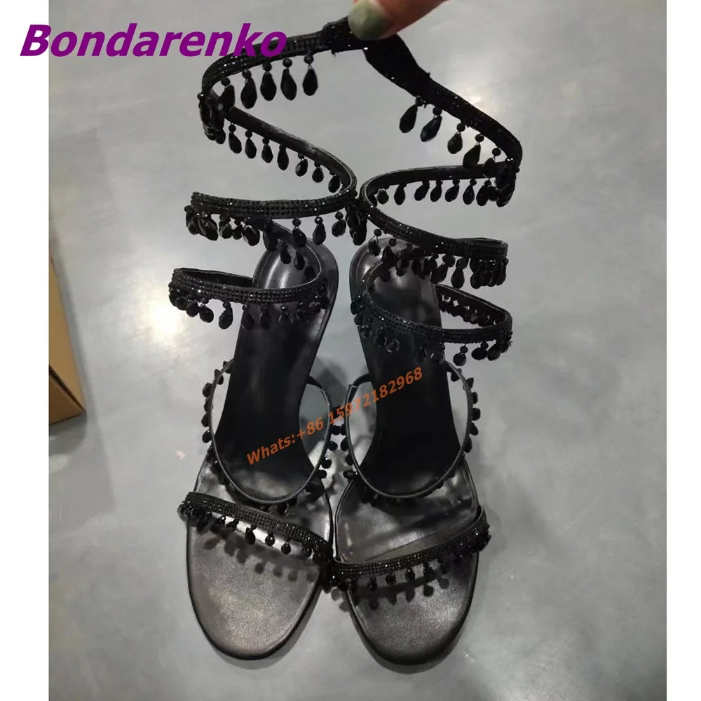 Newest Rhinestone Serpentine Sandals Women Shoes Open Toe Solid Hollow Stiletto Heel Sandal Slip On Summer Party Dress Sexy Shoe