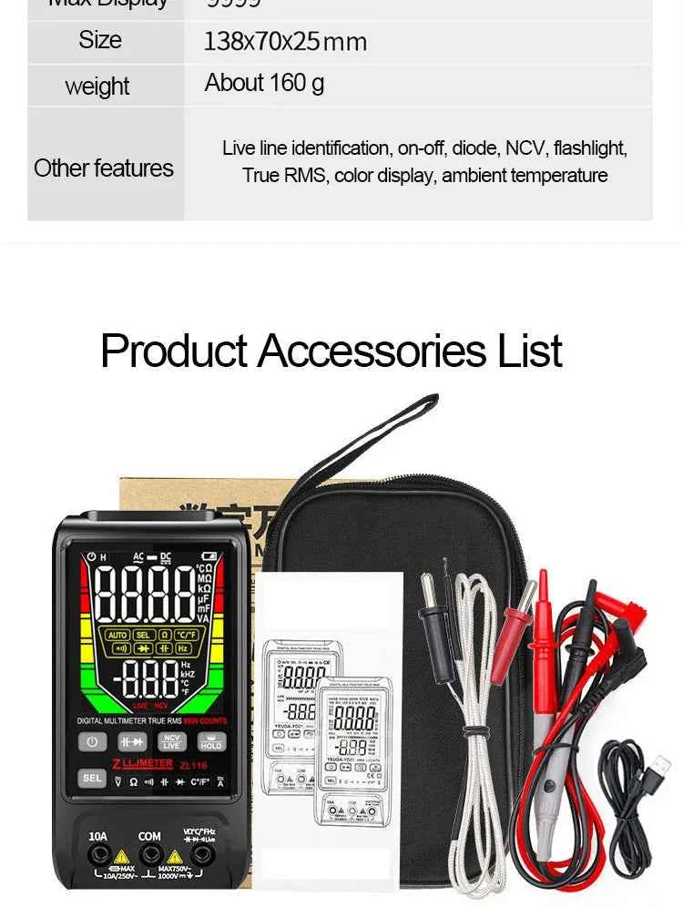 SmartTech USB Rechargeable Digital Multimeter - True RMS, AC/DC Current, Capacitance, Temperature, Auto Range