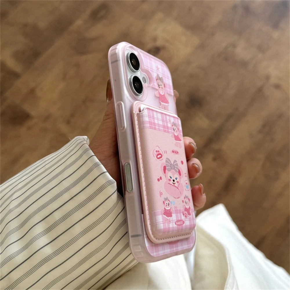2IN1 Candy Cute Pink For Magsafe Wallet Leather Card Bag Holder For iPhone 17 12 13 14 15 Plus 16 Pro Max Candy Color Girl Cover
