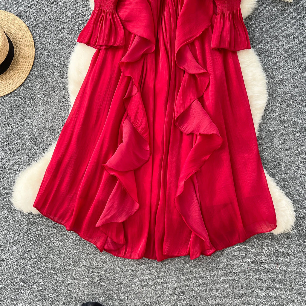 Spring Autumn Women Party Long Dress Elegant Female Red/Purple/Beige/Black Diamonds Patchwork Ruffle A-Line Maxi Vestidos New