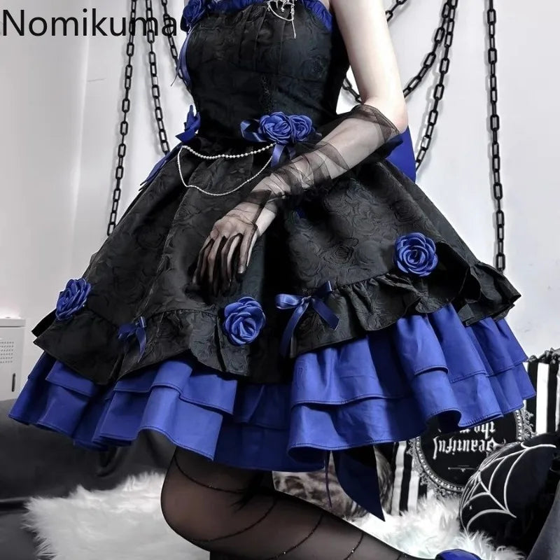 Gothic Lolita Summer Dress - High Waist Bow, Sweet Y2K Style Sling Robe for Women