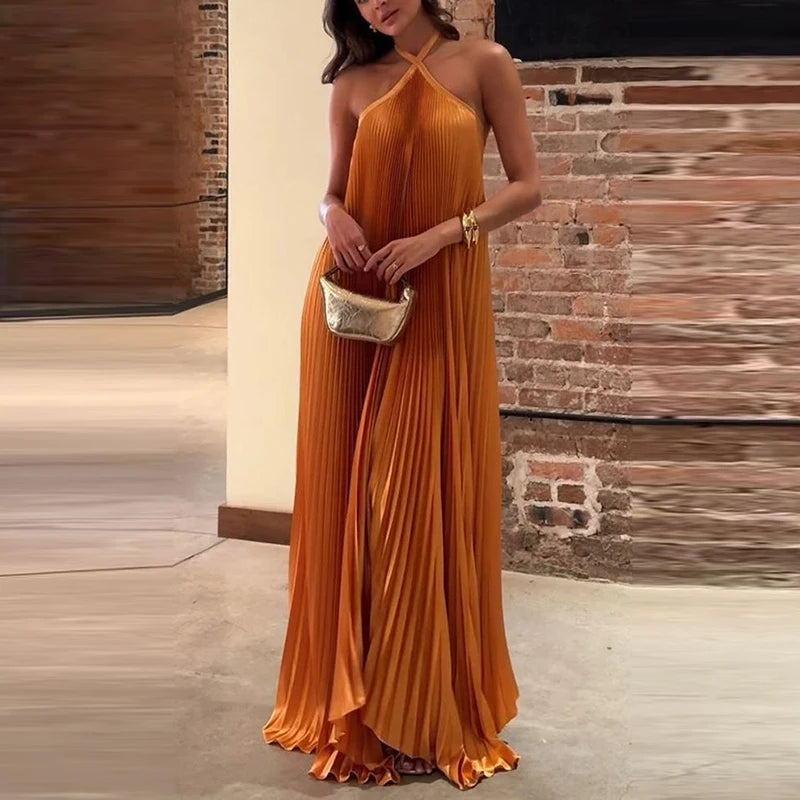 Sexy Halter Lace-up Backless Evening Dress Womens Spring Solid Rib Pleated Long Dress Summer Sleeveless Hollow Boho Maxi Dresses
