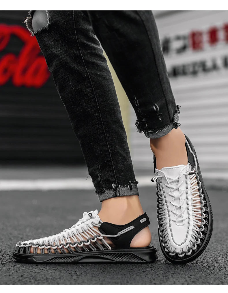 2023 Summer Men's  Sandals Lace Up Hand Woven Sandals Thick Soled Soft Non Slip Casual Shoes High Quality Couple Beach Shoes