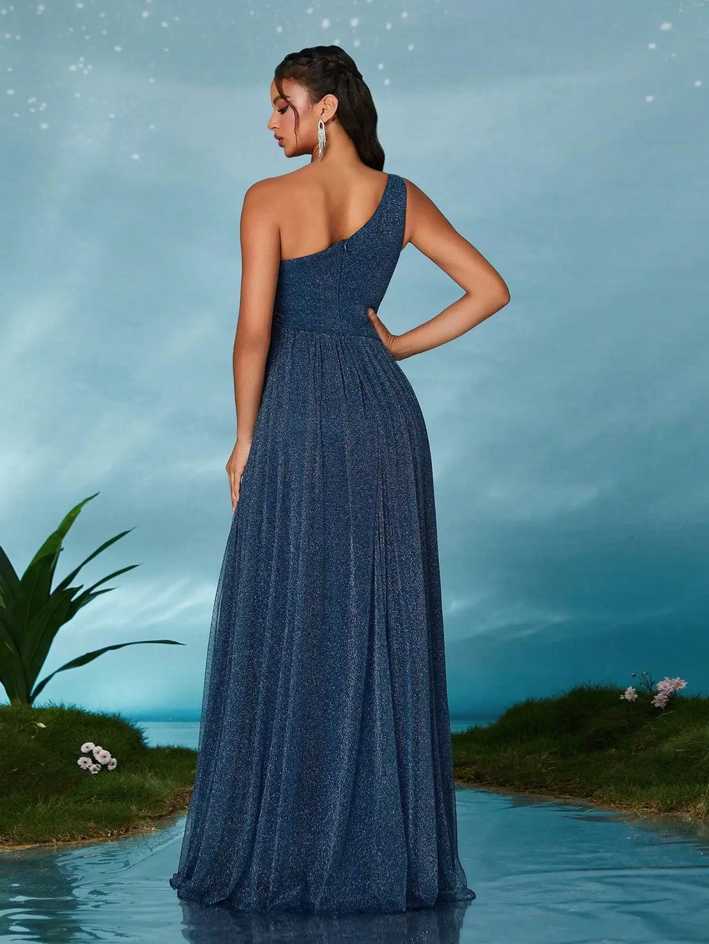 Mgiacy One shoulder asymmetrical chest pleats waist hollowed-out slit A swing mesh long skirt Evening gown Ball dress