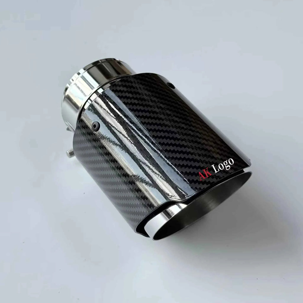 1Pcs Universal Car Single Exhaust Tip Pipe Glossy Twill Carbon Fiber Silver Muffler Exhaust Nozzle For AK Logo Refit Tailpipe