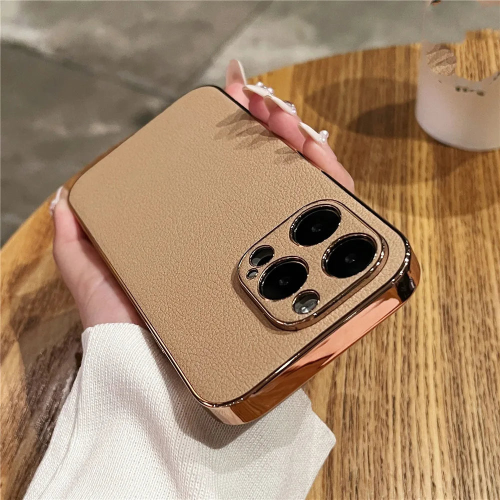 LuxeGuard Retro Lambskin Leather iPhone Case - Shockproof Bumper with Lens Protection for All Models 11-17