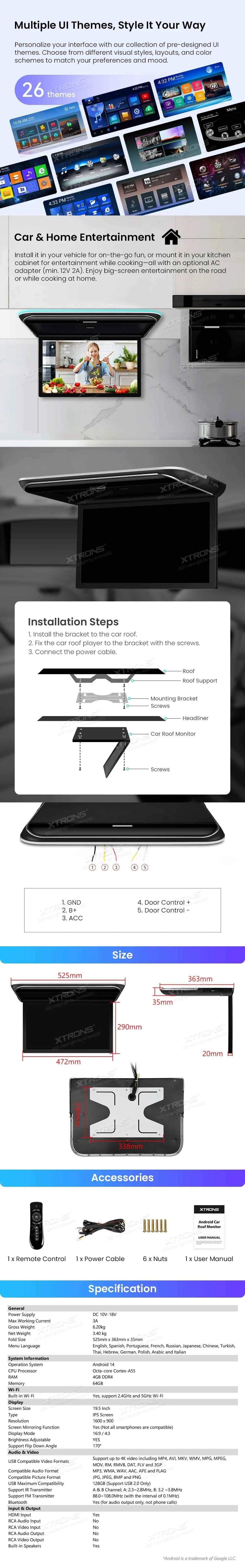 XTRONS 19.5" Android Car Roof Monitor TV Octa-core 8K IPS Car Screen Adjustable Angle to 170° with Screen Mirroring USB HDR RCA