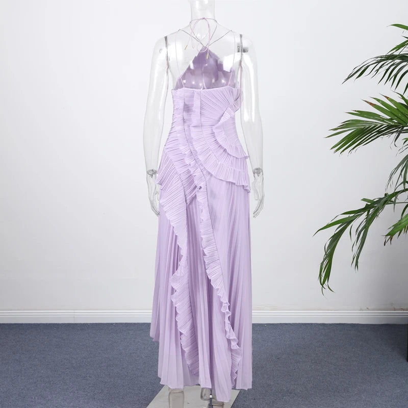 Elegant Affair Evening Gown - Ruffled Neck Strap, Backless Design, A-Line Silhouette, Perfect for Parties & Vacations