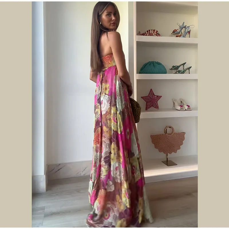 Chic Floral Print Pleated Long Dress Women's Sexy Strapless Backless Loose Party Vestidos 2025 Summer Lady High Street Robes New