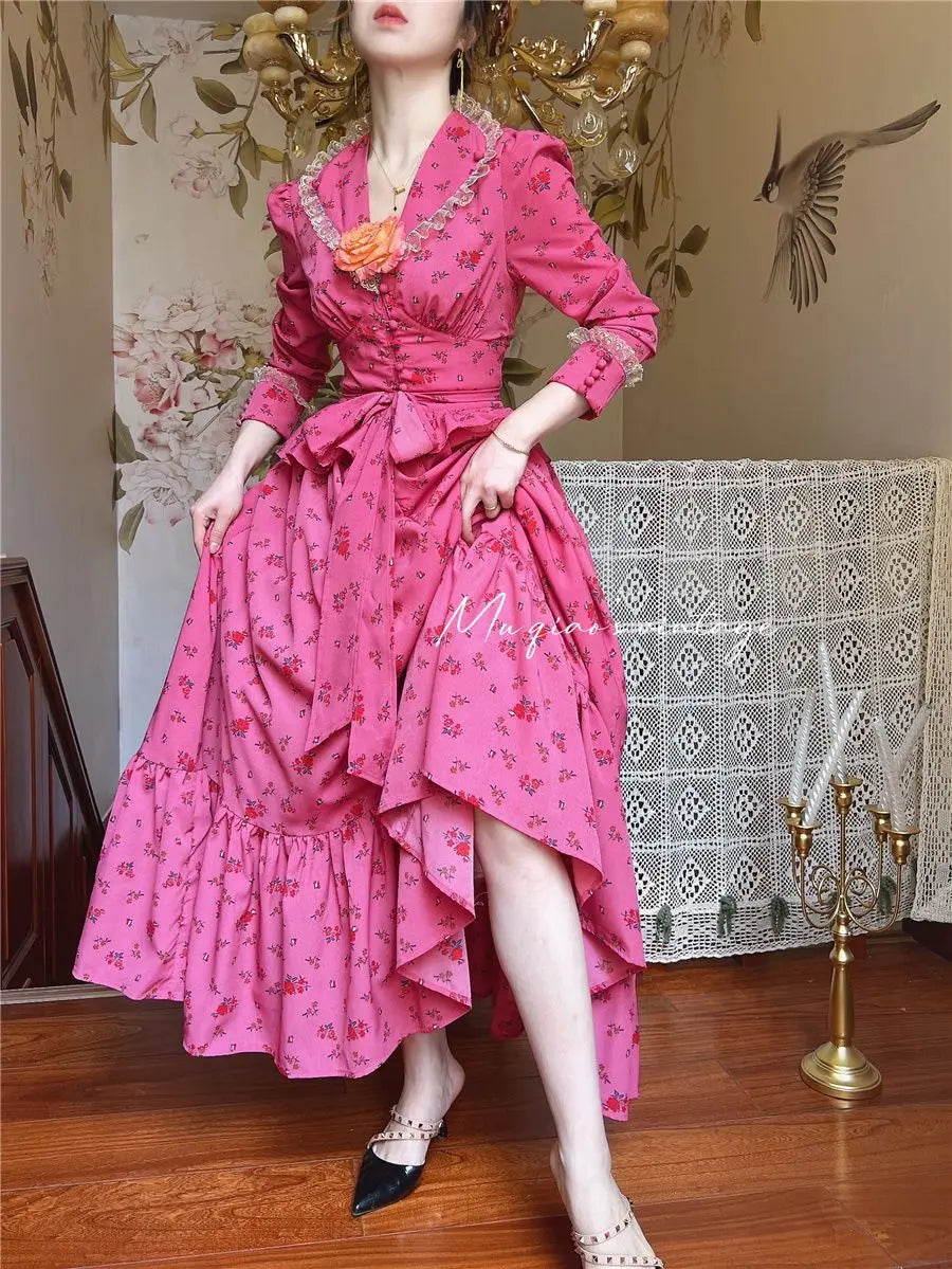 Rose Red Flower Autumn Long Sleeve French Vintage Dress V-neck Waist Cinched Slimming Ruffle Large Swing Long Dress for Women