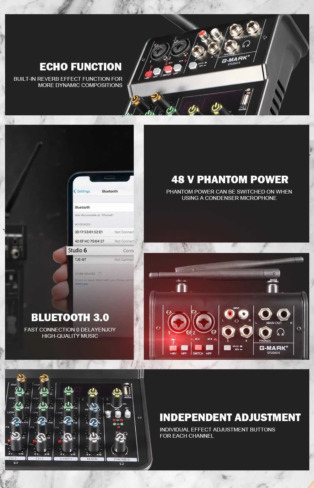Audio Sound Mixer with Microphone G-MARK Studio 6 Bluetooth Portable DJ Console+48V USB Interface Mixing Boards For Live The jack market .AU The jack market .AU Accessories Electronics $ 115 <none>