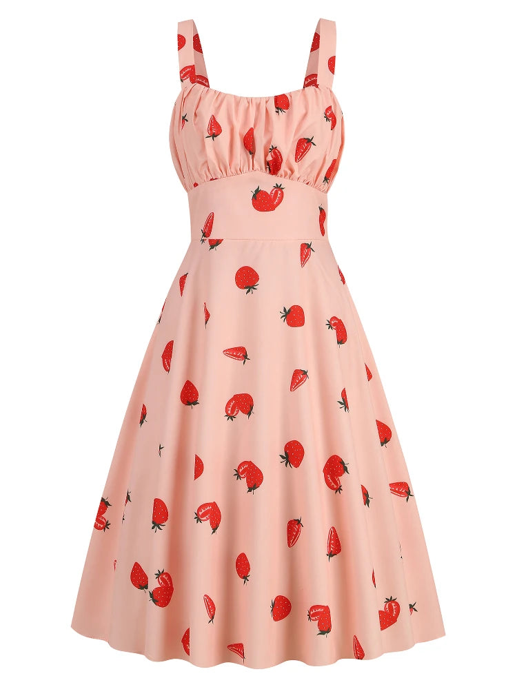 Vintage Charm Summer Midi Dress - Cute Print, Ruched Bust, High Waist for Effortless Beach Style