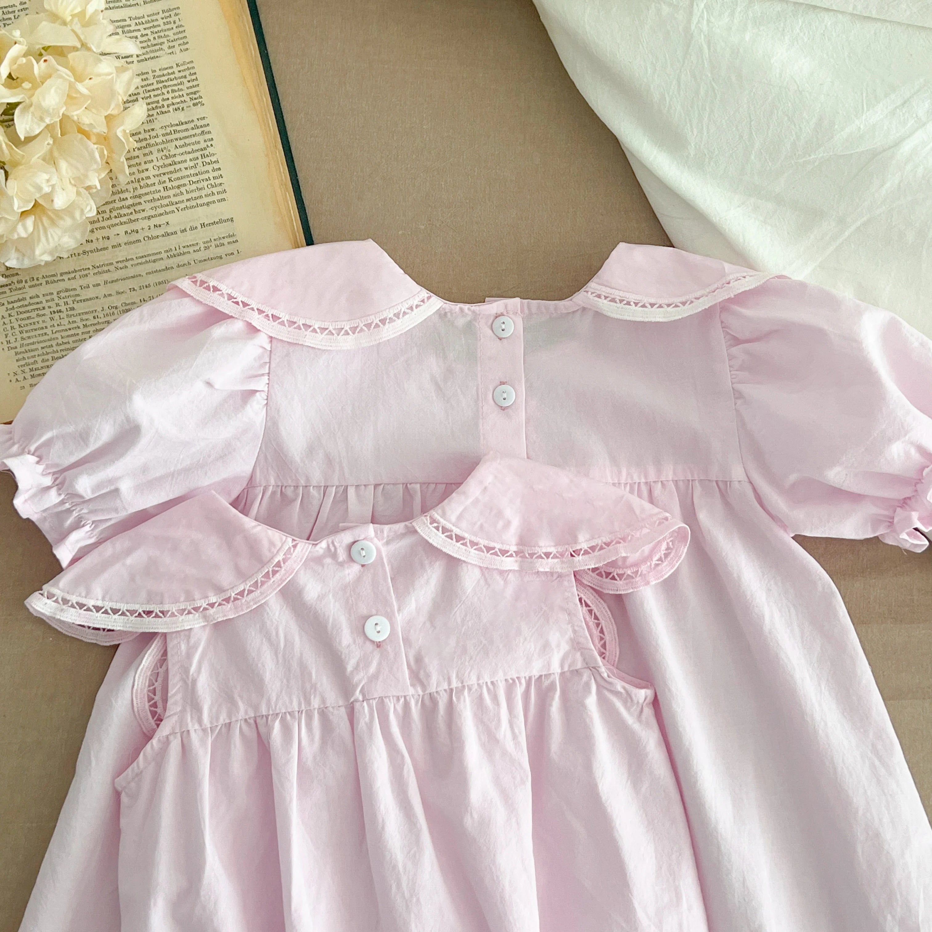 Sisters Dress Summer Kids Princess Dresses Short Sleeved Cotton Solid Color Splicing Infant Baby Romper Baby Girl Party Dress