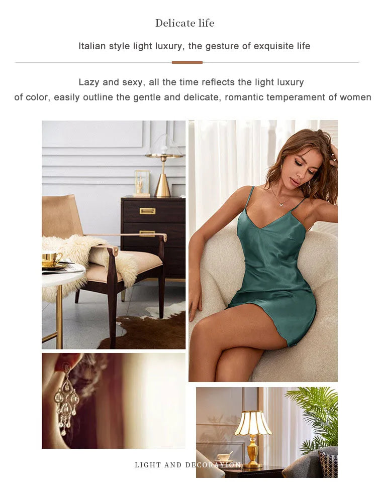 2025 Fashion Summer Women Pajamas Sexy V-Neck Sleepwear Slip Dress Ice Silk Dress Solid Satin Nightgowns Pajamas Home Underwear
